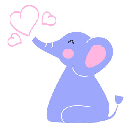 Cute simple vector flat elephant blowing hearts isolated on white background.Children's illustration for logos, prints, postcards.のイラスト素材