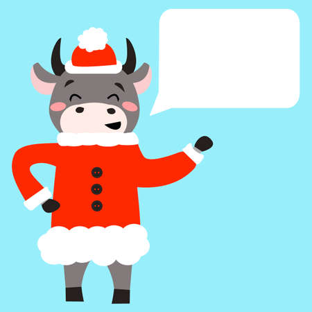 Cute bull in santa claus clothes speaks. For your text. Illustrations for advertisements, banners, ads and announcements.のイラスト素材