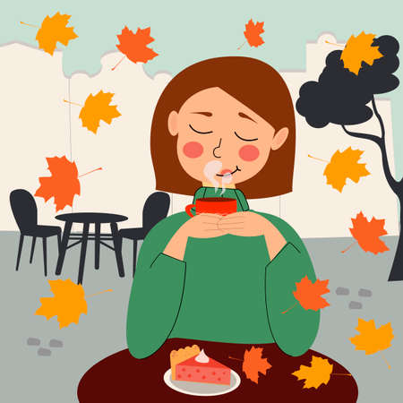A woman sits in a cafe on the street in the fall and enjoys a hot drink.Vector illustration in cartoon flat style. Autumn city life style.のイラスト素材
