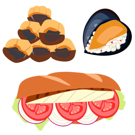 Hand-drawn vector Turkish street food: chestnuts, fish with vegetables sandwich, stuffed mussels. BalÄ±k ekmek, Midye dolma, Kestane isolated on white background.のイラスト素材