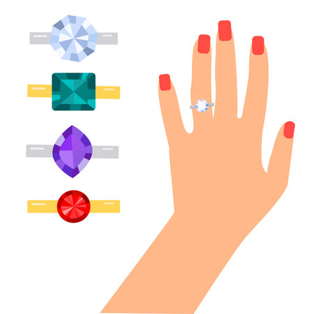 Female hand with a wedding ring. Vector flat illustration isolated on white background. Different rings with a precious stone.のイラスト素材