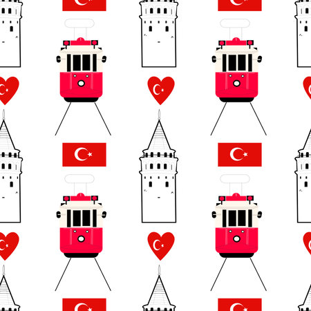 Seamless vector pattern with galata tower, taksim tram and turkish flag. Tourist ornament of...