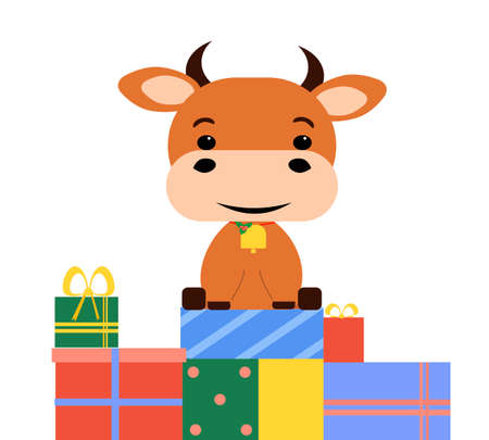 Cute vector bull sits on gifts. Year 2021 symbol isolated on white background.のイラスト素材