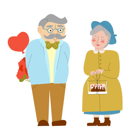 An elderly couple gives each other gifts. Cute vector illustration for valentine's day. Grandma and grandpa on a romantic date.のイラスト素材