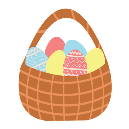 Vector flat basket with Easter eggs isolated on white background.のイラスト素材