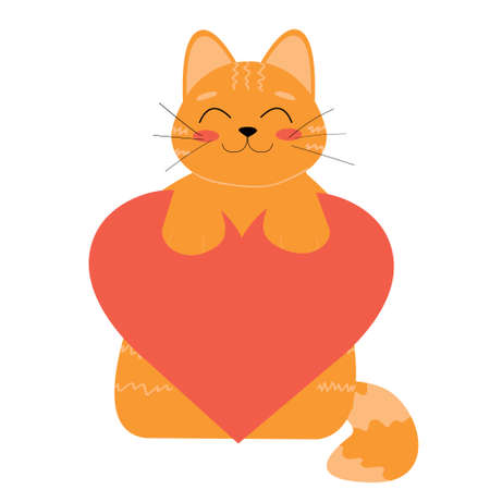 Vector ginger cat holds a heart in its paws. Fleet character illustration isolated on white background.のイラスト素材