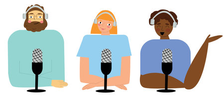 Three podcasters: a man with a beard, a red-haired girl with a short hair, African-American man. Radio broadcast.Podcast recording concept.People speakers isolated on white background.のイラスト素材