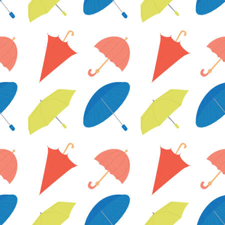 Simple vector pattern with bright multi-colored umbrellas of different shapes on a white background.のイラスト素材