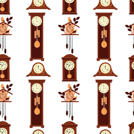 Seamless vector pattern with different wooden clocks in the old fashioned style on a white background. Ornament with elements of vintage home decor.のイラスト素材