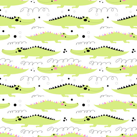 Vector seamless pattern with a crocodile in the Scandinavian style on a white background. Cute baby alligator.のイラスト素材