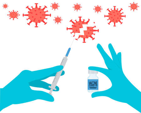 Hands in medical gloves hold a syringe and a vaccine. Concept of destroying the virus by vaccine. Vector illustration isolated on white background.のイラスト素材