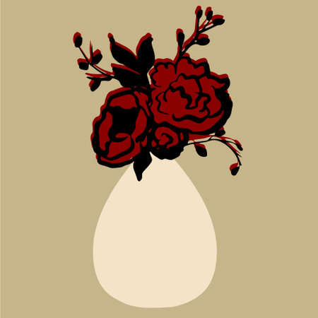 Light beige vase with black and red flowers. Vector illustration. Porcelain or ceramic home decor element.のイラスト素材