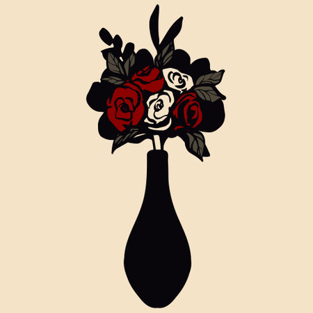 A bouquet of red and beige roses in a black vase isolated on a background. Vector illustration of the bouquet. A botanical decor element.のイラスト素材