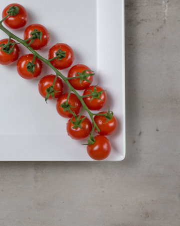 branch of red small tomatoes on white square plate. Flat layの写真素材