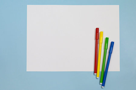 Copyspace blank of white paper covered with multiple colorful felt pen markersの写真素材