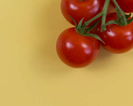branch of small red tomatoes on yellow background. flat layの写真素材