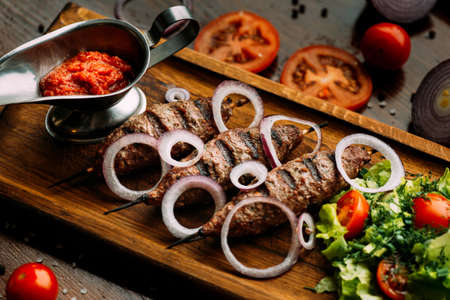 Chopped lamb with spices cooked over an open fireの写真素材