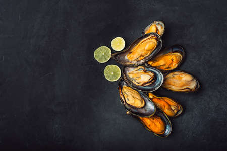 Large mussels on a black background. Top view with space for text. Many.の写真素材