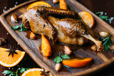 Stewed half duckling in orange flambe sauce with cognac