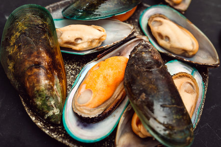 Close-up of big group fresh mussels