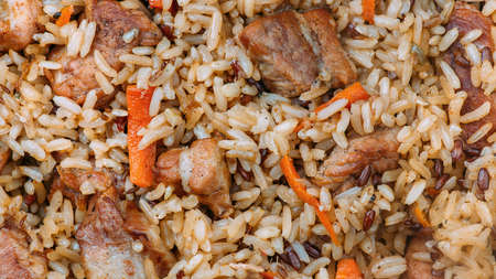 Close-up view of Asian pilaf food background. Traditional Eastern culinary dish.の写真素材