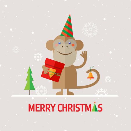 Vector illustration of monkey with gift box in flat design style.のイラスト素材