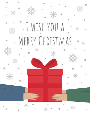 Merry Christmas greeting card with red gift in hands. Gray snowflakes isolated on white background.のイラスト素材