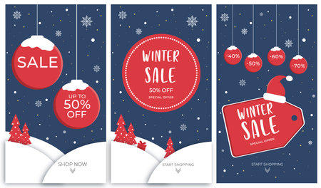 Set of social media banners for Stories. Winter sale banners with balls, trees and snowflakes. Vector illustration.