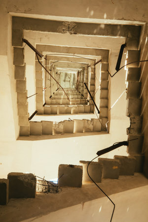Old dirty broken ruined abandoned building, the ruins of the facade of a luxury hotel illuminated by...