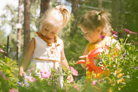 Two little girls sisters watering flowers in the gardenの写真素材