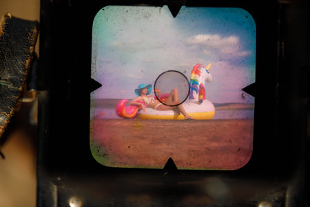 woman with hat relax on the beach on inflatable pool toy unicorn and eat watermelon