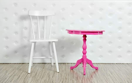 Purple chair and white table on a white backgroundの写真素材