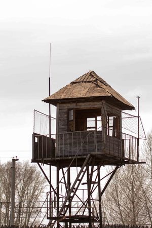 old lookout tower in an abandoned prisonの写真素材