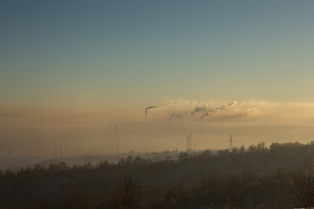 the plant with smoke and dirty air-pollutionの写真素材