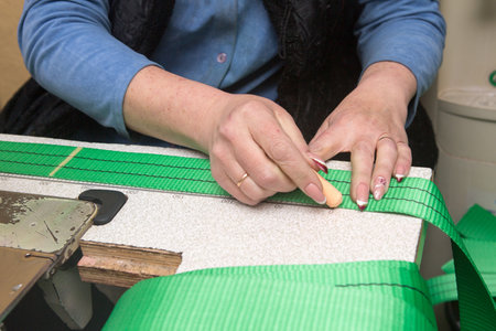 Industrial sewing machine sews a webbing sling. Manufacture of textile slings and tie strapsの写真素材