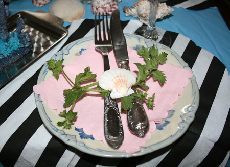 Tropical style party: table setting with pinkish napkin, seashell and mint leavesの写真素材