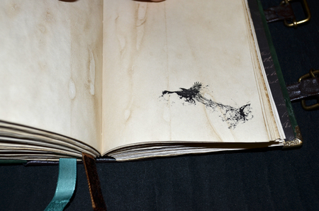 Handmade ancient-looking notebook with a raven in a lower right cornerの写真素材