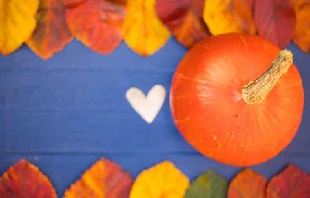 Autumn Harvest Wooden Table with Fresh Orange Pumpkin, Colourful Dry Leaves and Blurry Heart Symbol â Horizontal Background, Copy Space, Banner. Symbol of Happy Thanksgiving Day. Top View.の写真素材