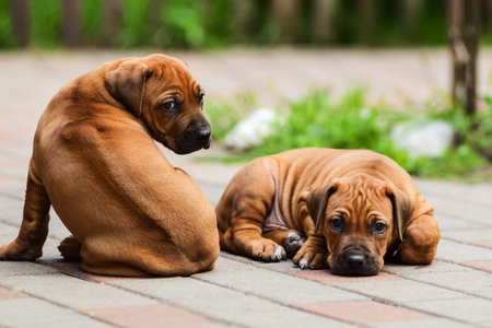 Two sleepy relaxed Rhodesian Ridgeback resting at the yard, ridge revealedの写真素材