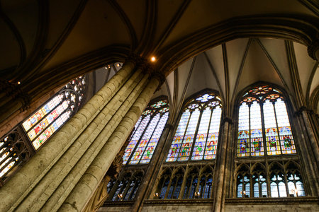 COLOGNE, GERMANY - SEP 23, 2016: Stained glass windows at Catholic Cologne Cathedral, being built...