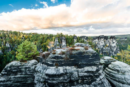 Picturesque autumn scenery of Elbe Sandstone mountains, Saxon Switzerland National Park near Dresden, Germanyの写真素材