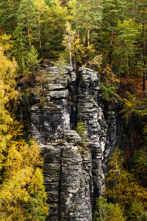Picturesque autumn scenery of Elbe Sandstone mountains, Saxon Switzerland National Park near Dresden, Germanyの写真素材