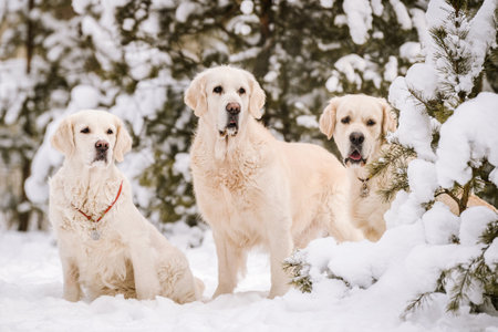 Three golden retriever dogs sitting together at snowy winter forestの写真素材