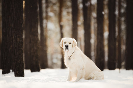 cute golden retriever dog sitting at snowy winter forestの写真素材