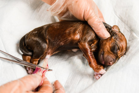 Rhodesian ridgeback dog newborn puppy in amniotic sac, umbilical cord clampedの写真素材