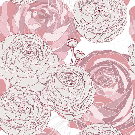 Cute vector seamless floral pattern with flowers and herbs. Delicate pink plants on dark green background.のイラスト素材
