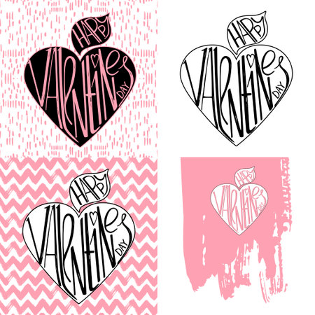 Set of Valentine s Day designs in black and pink . Romantic greeting cards, invitations, poster design templates.のイラスト素材
