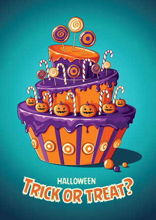 Halloween vintage vector poster with cake and sweetsのイラスト素材