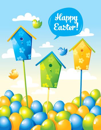 Funny Easter card with eggs and birdsのイラスト素材