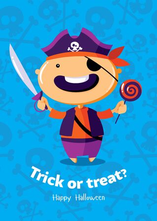 Halloween vector poster trick or treat with pirate on seamless backgroundのイラスト素材